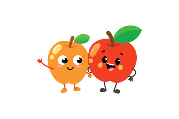 Two smiling cartoon fruits a mango and an apple standing together