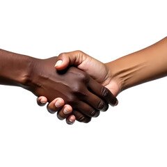 Two individuals of different skin tones are engaged in a firm handshake isolated on transparent background