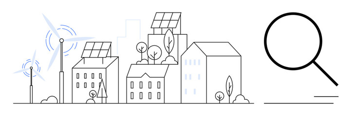 Urban landscape featuring buildings with solar panels, wind turbines, and greenery. Large magnifying glass symbolizes research, environment, renewable energy, eco-architecture, and innovation. Ideal
