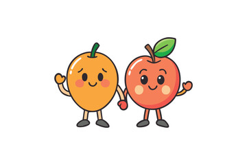 cute cartoon mango and apple characters holding hands together happily