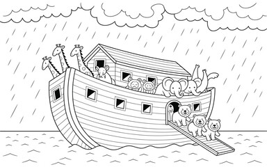 Noahs ark, a biblical vessel carrying animals during the great flood, is depicted in a black and white line art illustration