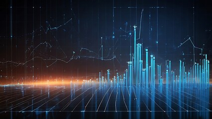Abstract digital cityscape with glowing blue bars representing data and financial growth on a dark background