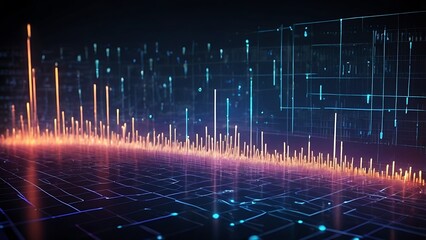 Abstract digital data visualization with glowing lines and bars representing financial or scientific data