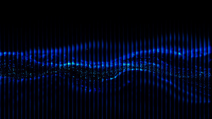 Abstract blue light patterns with vertical lines and a wave of particles in a dark background 3d illustration, 3d abstract background