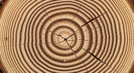 Fototapeta premium Intricate details of a tree trunk showing growth rings and radiating fractures patterns in a wood section