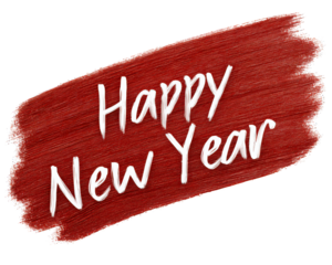 Festive Happy New Year sign with white handwritten calligraphy text on red brush stroke background. Joyful clipart for holiday greeting card or new year celebration