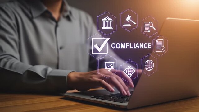 Compliance rules law regulation policy business. Businessman hold virtual compliance icons for enforcement of laws, regulations, and standards.