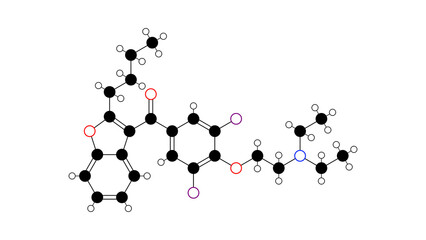 amiodarone molecule, structural chemical formula, ball-and-stick model, isolated image antiarrhythmic