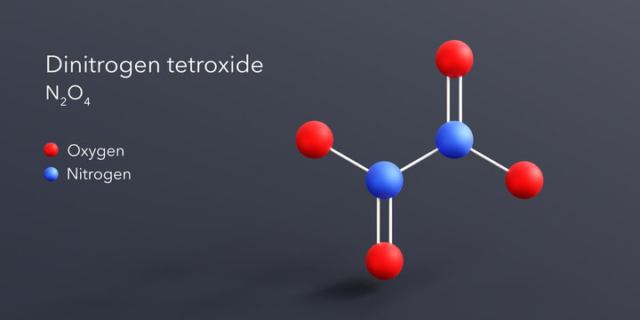 dinitrogen tetroxide molecule 3d rendering, flat molecular structure with chemical formula and atoms color coding