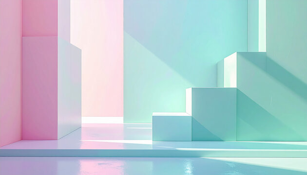 Abstract geometric architecture and business success are illustrated by a blue bar chart and data diagram on a 3D sky background