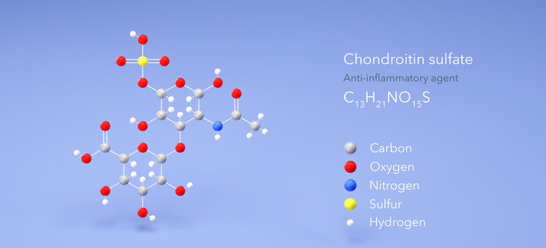 chondroitin sulfate molecule, molecular structure, anti-inflammatory agent 3d model, Structural Chemical Formula and Atoms with Color Coding