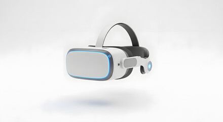 A modern virtual reality headset floating against a clean, white background.
