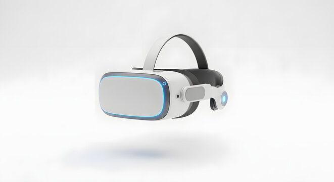 A modern virtual reality headset floating against a clean, white background. - Powered by Adobe