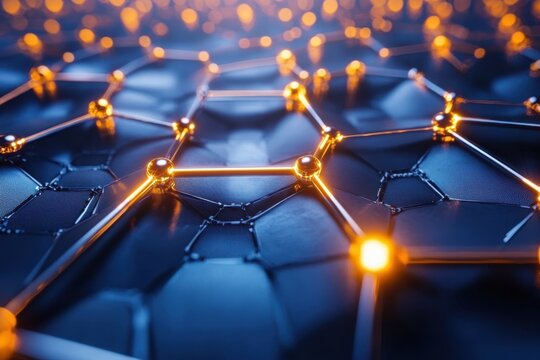 Abstract close-up of interconnected glowing hexagonal structures in a digital background