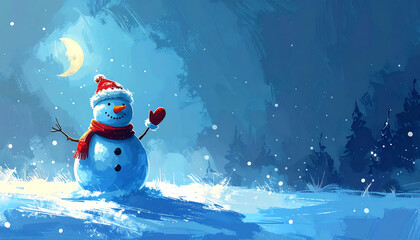 Joyful snowman under a crescent moon in a snowy winter night