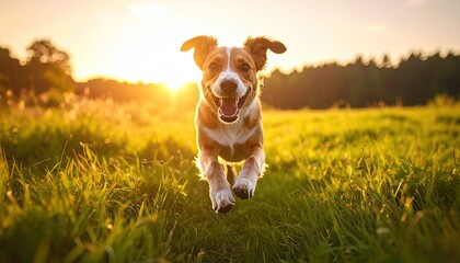 Joyful Jack Russell Terrier running through a sunlit grassy field during golden hour with a warm lens flare creating a magical atmosphere