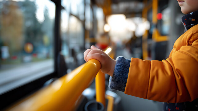 Small child's hand in colorful jacket gripping yellow bus handrail while stepping up into school bus driver's seat and dashboard visible morning school route stop defocused throu