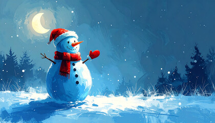 Whimsical snowman in a snowy forest under a crescent moon