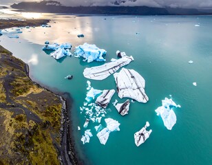 Aerial shot of icebergs floating in glacial lagoon under overcast skies