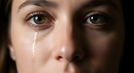 Close-up of a woman's face with a tear rolling down her cheek, conveying sadness or emotional distress.