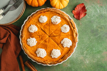Pumpkin pie, Thanksgiving homemade crust tart, topped with whipped cream