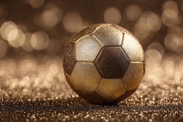 Fototapeta premium Shiny golden and brown textured soccer ball on a sparkling festive background with blurred depth, featuring hexagonal and pentagonal panels embellished with glitter accents