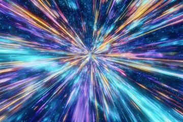 Vibrant cosmic scene with radiant light beams and sparkling stars reflecting fast movement and deep space exploration, ideal for travel and science fiction themes