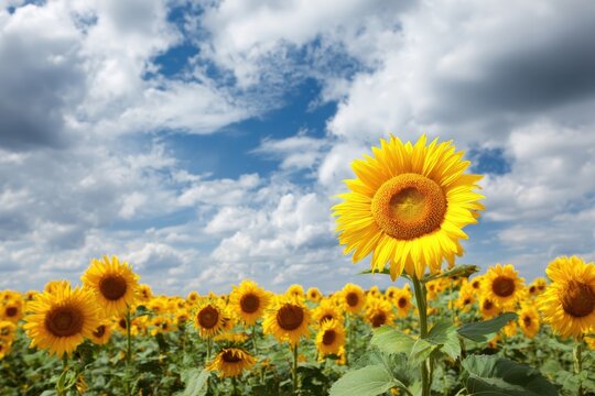 Sunny sunflower field bursting with vibrant blooms, featuring a standout yellow sunflower in focus amidst a lush backdrop, bright blue sky with fluffy clouds enhancing summer's joyful essence