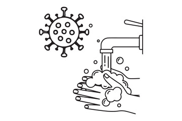 Illustration of a virus and hands washing under a faucet isolated on white background