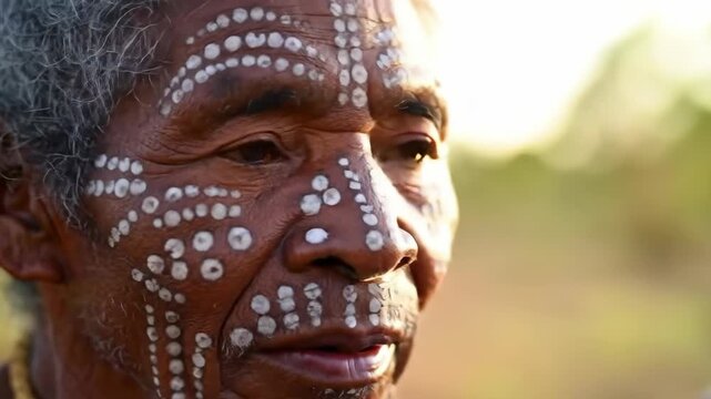 Elder with traditional face paint gazes thoughtfully into the distance.