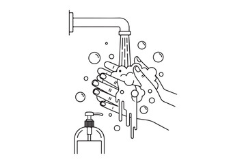 Illustration of  and hands washing under a faucet isolated on white background