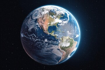 Obraz premium Earth from space: breathtaking view of northern hemisphere showcasing North and part of South America, with glowing atmosphere, oceans, and detailed landscapes against a starry black backdrop