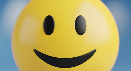 Fototapeta premium Close-up of a cheerful, smiling yellow emoji against a blue background.