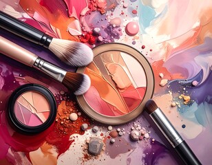 Artistic overhead shot of makeup brushes, powder palettes, and blended colors