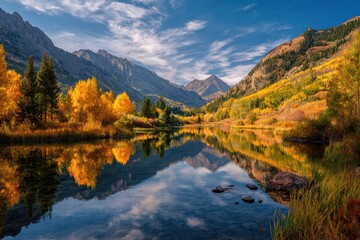 Obraz premium Picturesque autumn river scene with serene water reflecting vibrant foliage by trees, distant mountains, blue sky, and white clouds, evoking tranquility and peace in nature's embrace