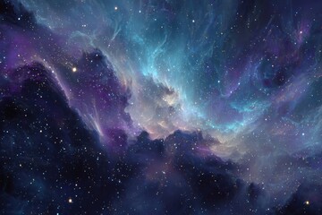 Stunning cosmic landscape with shimmering stars and vibrant gas clouds in shades of blue, purple, and black, evoking depth and the infinite beauty of the universe