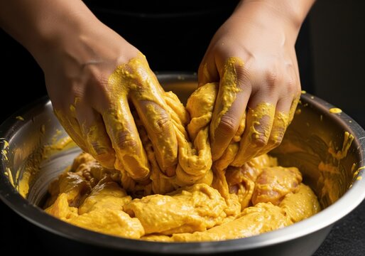 Chef's hands marinating raw chicken in yellow curry marinade.