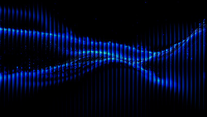 Abstract blue light pattern with vertical bars and flowing light trails on a dark background 3d illustration, 3d abstract background