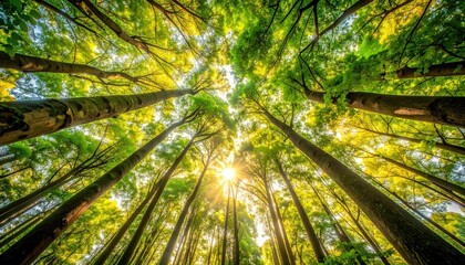 Looking Up Through Tall Green Trees Towards Bright Sunlight Shining Through Forest Canopy On A Clear Day