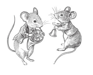 Two mice in jackets play the horn and bell. Vector illustration.