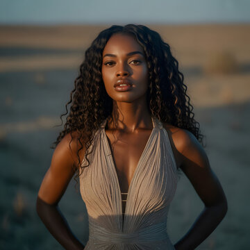 Chica de piel morena en un paisaje des&eacute;rtico