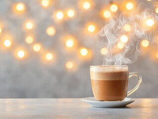 A Warm Cup of Coffee with Steam Against a Soft Blurred Background of Golden Lights