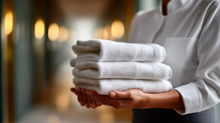 Hands in crisp white uniform sleeves carrying neatly folded stack of fresh white towels and miniature toiletries elegant hotel corridor with room numbers defocused behind