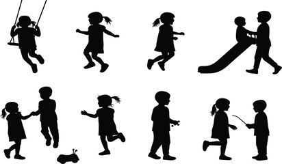 Obraz premium Children Playing Silhouettes in Park Activities – Swing, Slide, Running, Holding Hands, Toy Dog, Outdoor Fun, Childhood Joy, Vector Illustration