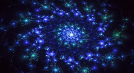 Abstract blue and teal fractal spiral with glowing lights isolated on white background