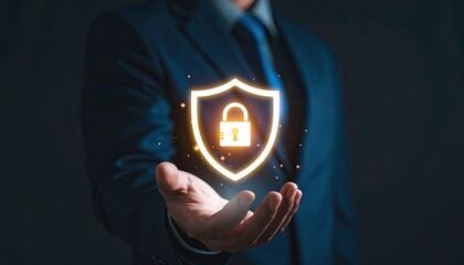 Man In A Suit Holds A Glowing Digital Shield Icon With A Padlock Symbol Over His Open Palm Against A Dark Background