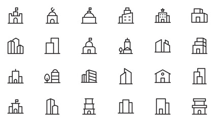Building and Architecture line icon set. Solid building set featuring house, office, bank, school, hotel, shop, designs.Thin outline icons pack. Vector illustration