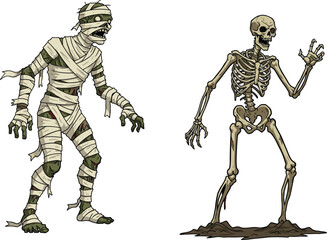 Scary mummy and skeleton illustration, undead monsters cartoon art, creepy Halloween horror characters, ancient curse concept, spooky detailed artwork design