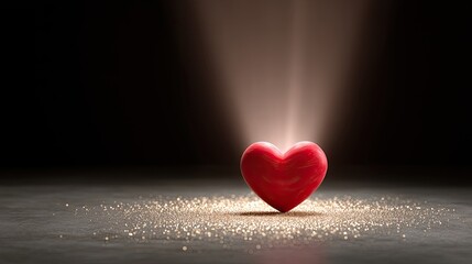 Fototapeta premium Glowing Red Heart with Light Rays and Glittering Background in Dark Space