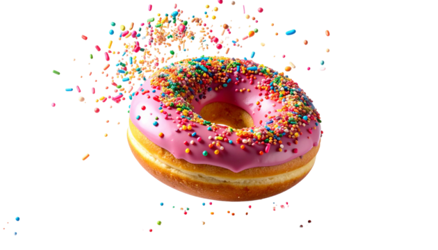 donut with sprinkles falling in motion isolated on white and transparent, background Remove